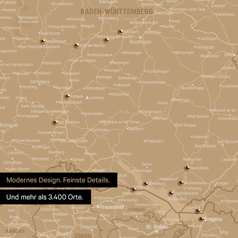 Ausschnitte einer DACH-Karte als Pinn-Leinwand in Sonar Black (Schwarz-Gold) mit 3.400 Orten
