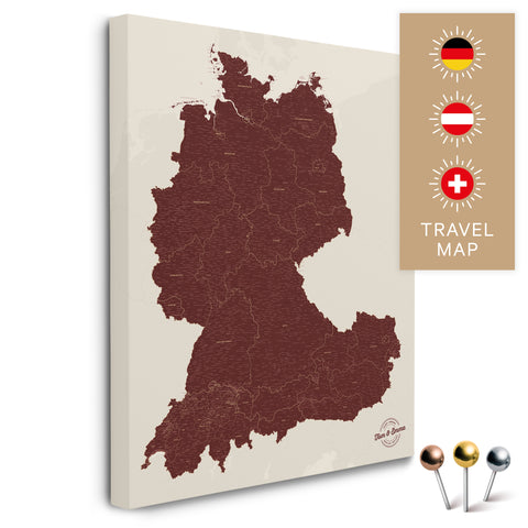 DACH-Landkarte in Bordeaux Rot als Pinnwand Leinwand zum Pinnen und Markieren von Reisezielen kaufen