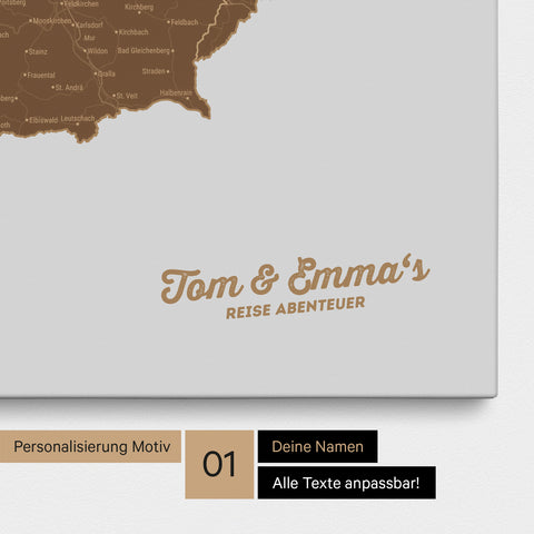 DACH-Karte als Pinnwand Leinwand in Braun mit Personalisierung und Eindruck mit deinem Namen