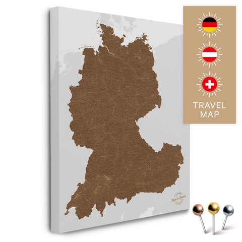 DACH-Landkarte in Braun als Pinnwand Leinwand zum Pinnen und Markieren von Reisezielen kaufen
