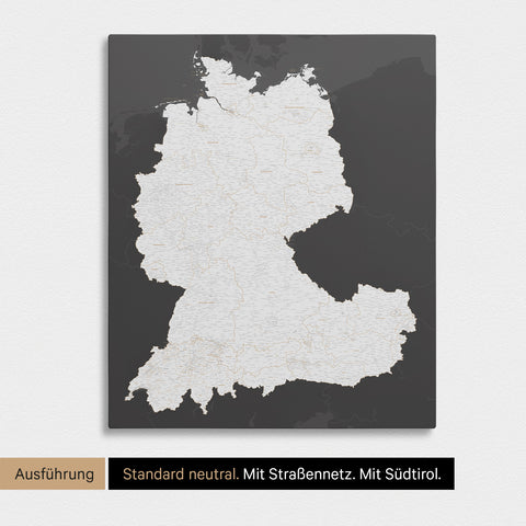 Neutrale und schlichte Standard-Ausführung einer DACH-Karte als Pinn-Leinwand in Dark Gray