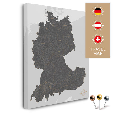 DACH-Landkarte in Light Gray als Pinnwand Leinwand zum Pinnen und Markieren von Reisezielen kaufen