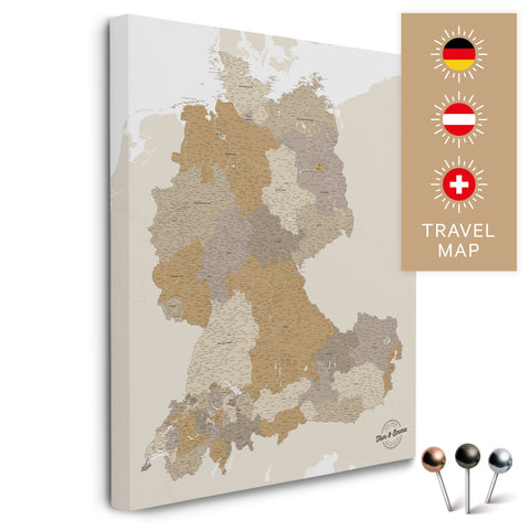 DACH-Landkarte in Multicolor Beige als Pinnwand Leinwand zum Pinnen und Markieren von Reisezielen kaufen