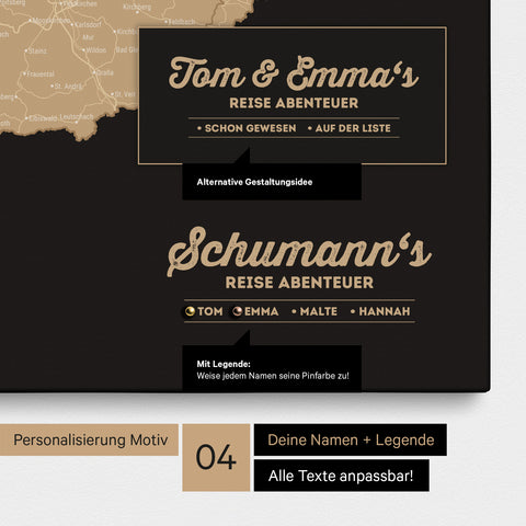 Pinnwand Leinwand einer DACH-Karte in Sonar Black (Schwarz-Gold) mit Personalisierung als Logo mit Familiennamen