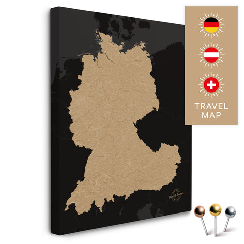 DACH-Landkarte in Sonar Black (Schwarz-Gold) als Pinnwand Leinwand zum Pinnen und Markieren von Reisezielen kaufen