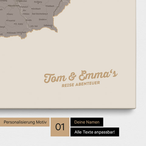 DACH-Karte als Pinnwand Leinwand in Warmgray (Braun-Grau) mit Personalisierung und Eindruck mit deinem Namen