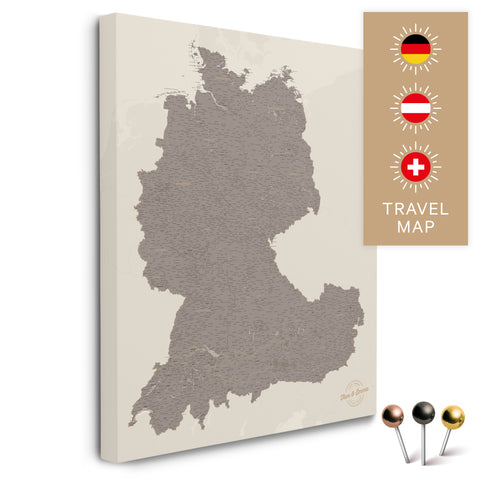 DACH-Landkarte in Warmgray (Braun-Grau) als Pinnwand Leinwand zum Pinnen und Markieren von Reisezielen kaufen