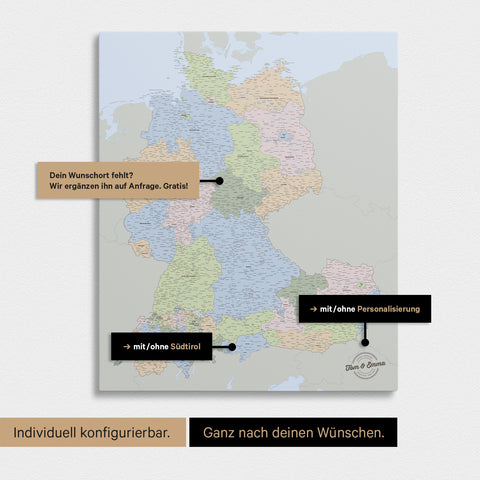 Vielfältige Konfigurationsmöglichkeiten einer politischen DACH-Karte in Multicolor Atlas