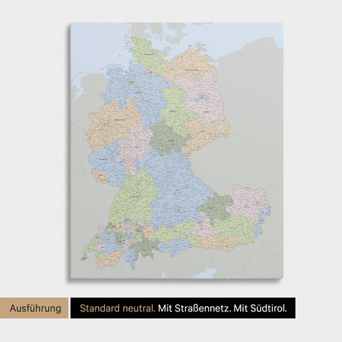 Neutrale und schlichte Standard-Ausführung einer politischen DACH-Karte als Pinn-Leinwand in Multicolor Atlas