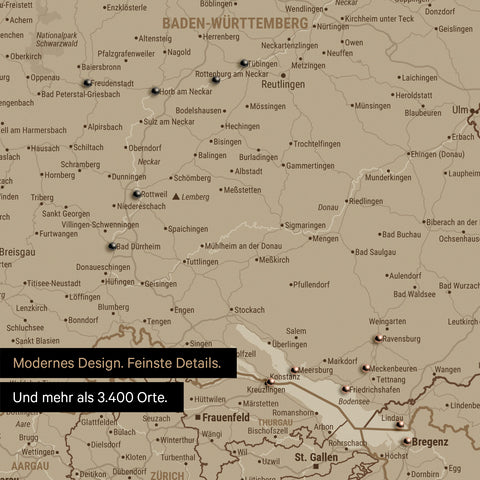 Ausschnitt einer DACH-Karte als Poster von Baden-Württemberg und Schweiz mit Pins zur Markierung von besuchten Reisezielen