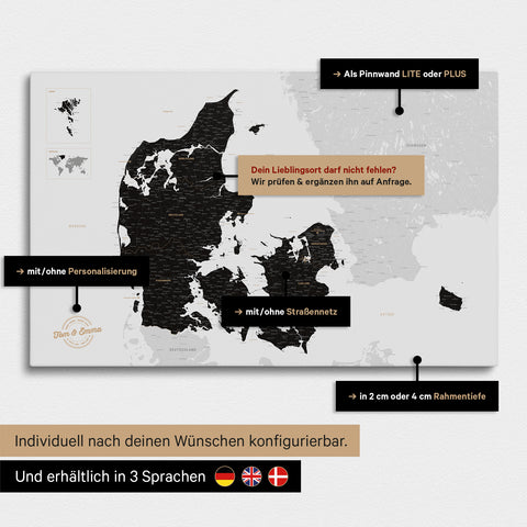 Vielfältige Konfigurationsmöglichkeiten einer Dänemark-Karte als Pinn-Leinwand in der Farbe Light Black