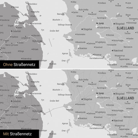Dänemark-Karte Pinn-Leinwand in Multicolor Gray mit optional  eingedrucktem Straßennetz aus Autobahnen und Landstraßen