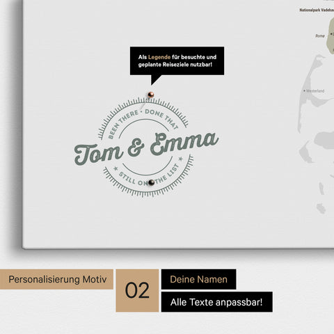 Personalisierte Dänemark-Karte als Pinn-Leinwand in Multicolor Sage mit eingedruckten Namen und einer Legende zur Markierung von besuchten Orten
