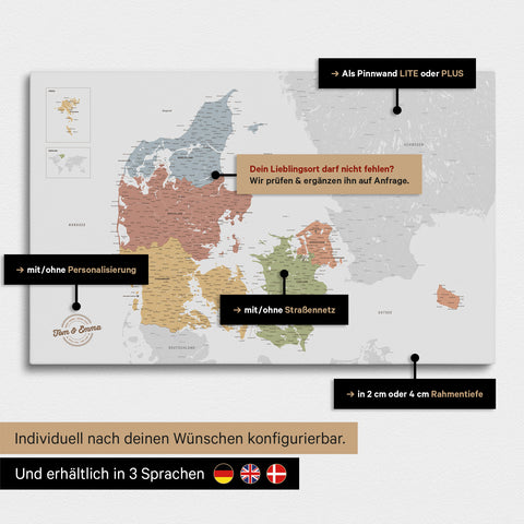 Vielfältige Konfigurationsmöglichkeiten einer Dänemark-Karte als Pinn-Leinwand in der Farbe Multicolor Sienna