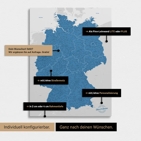 Vielfältige Konfigurationsmöglichkeiten einer Deutschland-Karte als Pinn-Leinwand in Blau