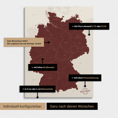 Vielfältige Konfigurationsmöglichkeiten einer Deutschland-Karte als Pinn-Leinwand in Bordeaux Rot