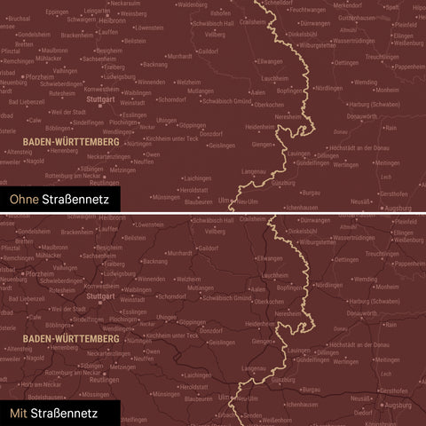 Deutschland-Karte Leinwand in Bordeaux Rot wahlweise mit oder ohne Straßennetz