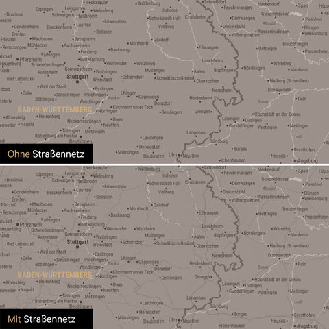 Deutschland-Karte Leinwand in Warmgray (Braun-Grau) wahlweise mit oder ohne Straßennetz