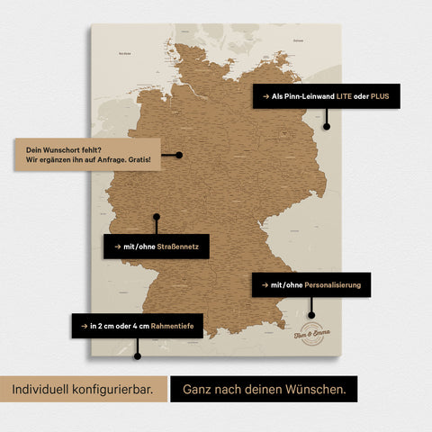 Vielfältige Konfigurationsmöglichkeiten einer Deutschland-Karte als Pinn-Leinwand in Bronze