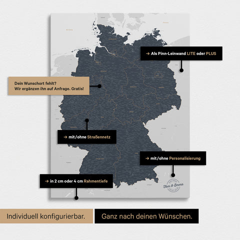 Vielfältige Konfigurationsmöglichkeiten einer Deutschland-Karte als Pinn-Leinwand in Denim Blue