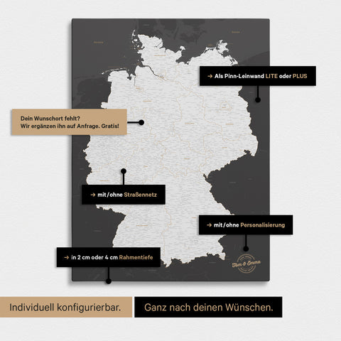 Vielfältige Konfigurationsmöglichkeiten einer Deutschland-Karte als Pinn-Leinwand in Dunkelgrau