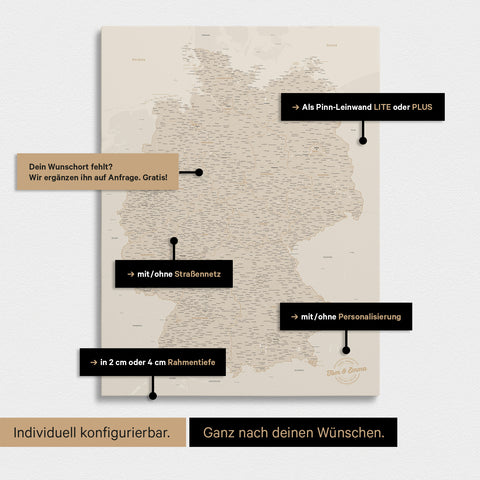 Vielfältige Konfigurationsmöglichkeiten einer Deutschland-Karte als Pinn-Leinwand in Gold