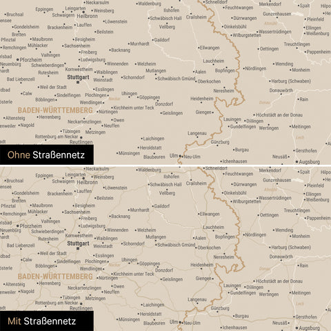 Deutschland-Karte Leinwand in Gold wahlweise mit oder ohne Straßennetz