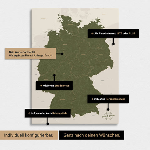 Vielfältige Konfigurationsmöglichkeiten einer Deutschland-Karte als Pinn-Leinwand in Grün