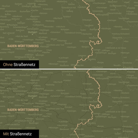 Deutschland-Karte Leinwand in Olive Green wahlweise mit oder ohne Straßennetz