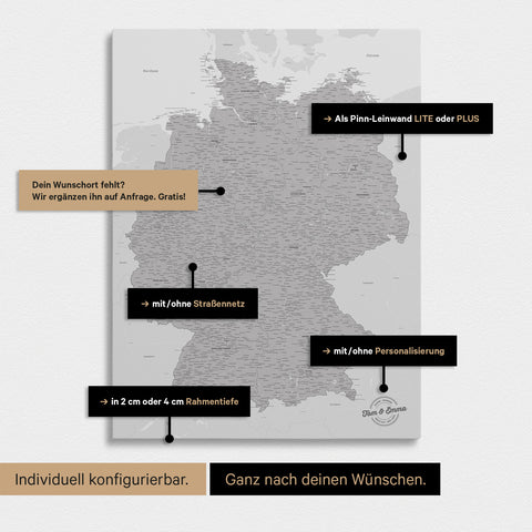 Vielfältige Konfigurationsmöglichkeiten einer Deutschland-Karte als Pinn-Leinwand in Hellgrau