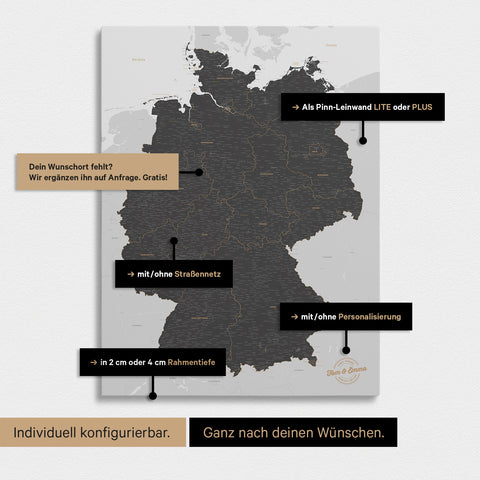 Vielfältige Konfigurationsmöglichkeiten einer Deutschland-Karte als Pinn-Leinwand in Grau
