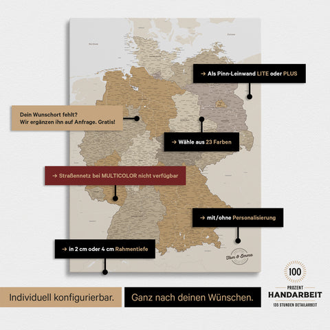 Vielfältige Konfigurationsmöglichkeiten einer Deutschland-Karte als Pinn-Leinwand in Multicolor Beige