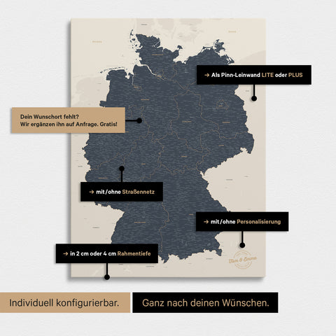 Vielfältige Konfigurationsmöglichkeiten einer Deutschland-Karte als Pinn-Leinwand in Navy Light