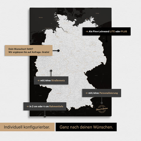 Vielfältige Konfigurationsmöglichkeiten einer Deutschland-Karte als Pinn-Leinwand in Schwarz-Weiß
