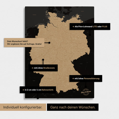 Vielfältige Konfigurationsmöglichkeiten einer Deutschland-Karte als Pinn-Leinwand in Sonar Black (Schwarz-Gold)