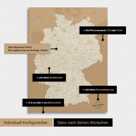 Vielfältige Konfigurationsmöglichkeiten einer Deutschland-Karte als Pinn-Leinwand in Treasure Gold