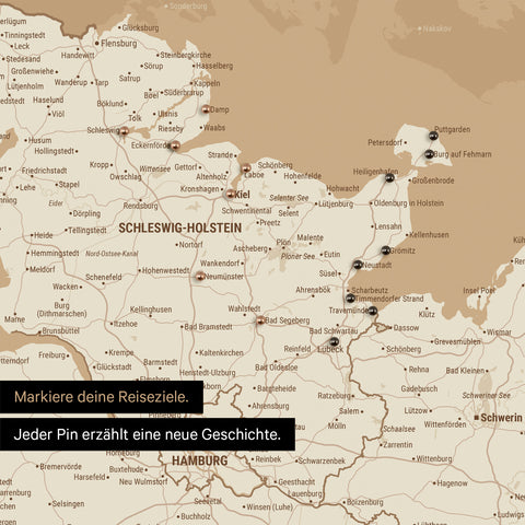 Detail einer Deutschland-Karte als Pinn-Leinand in Treasure Gold mit Pins in Schleswig-Holstein