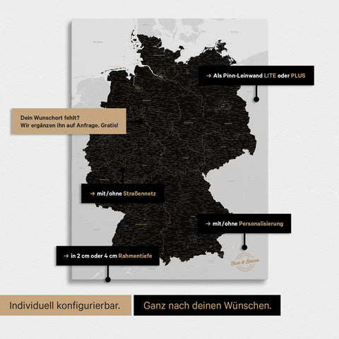 Vielfältige Konfigurationsmöglichkeiten einer Deutschland-Karte als Pinn-Leinwand in Light Black (Weiß Schwarz)