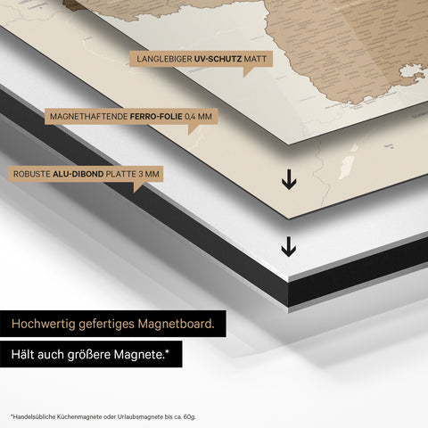 Deutschland-Karte auf magnethaftende Ferro-Folie gedruckt, auf Alu-Dibond-Tafel geklebt und mit UV-Schutz kaschiert