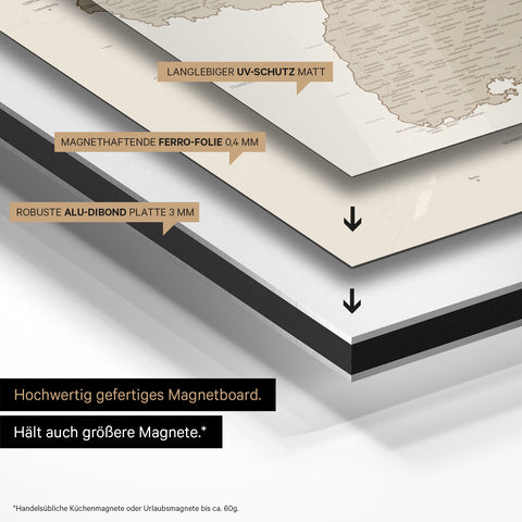 Deutschland-Karte auf magnethaftende Ferro-Folie gedruckt, auf Alu-Dibond-Tafel geklebt und mit UV-Schutz kaschiert