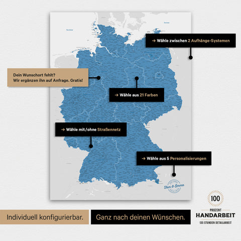 Übersicht über die vielfältigen Konfigurationsmöglichkeiten einer magnetischen Deutschland-Karte als Magnetboard in Blau, von der Auswahl des Aufhänge-Systems über Farben bis zum Detailgrad