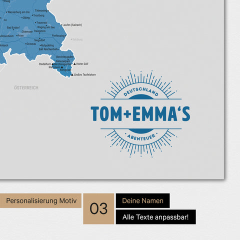 Magnetboard mit Deutschland-Karte in Blau mit rundem Logo als Personalisierung