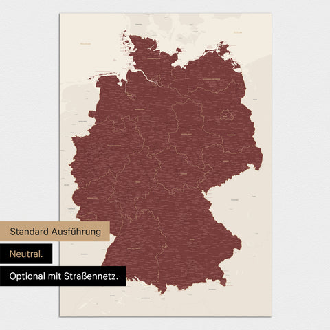 Neutrale und schlichte Ausführung einer magnetischen Deutschland-Karte in Bordeaux Rot