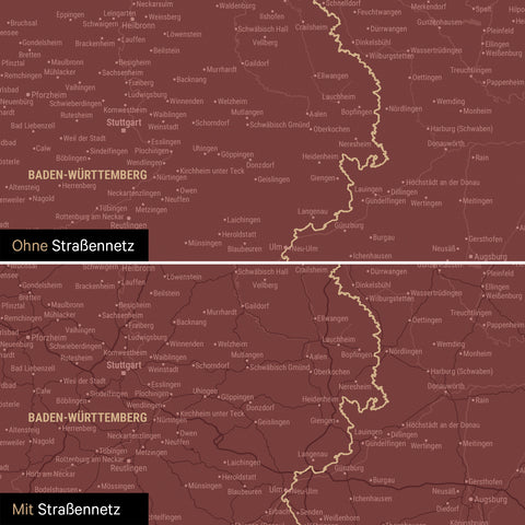 Magnetische Deutschland-Karte in Bordeaux Rot mit optionalem Straßennetz von Autobahnen und Landstraßen