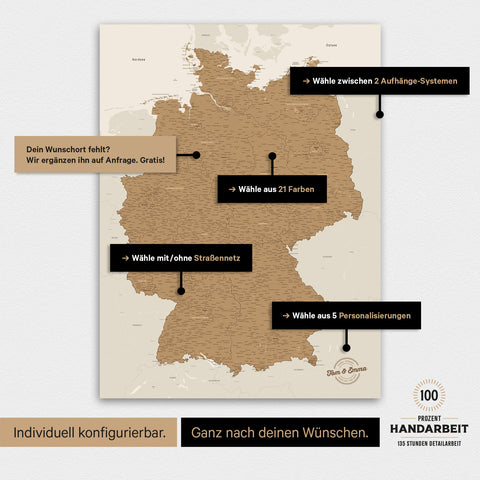 Übersicht über die vielfältigen Konfigurationsmöglichkeiten einer magnetischen Deutschland-Karte als Magnetboard in Bronze, von der Auswahl des Aufhänge-Systems über Farben bis zum Detailgrad