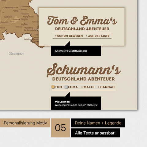 Magnetboard Deutschland-Karte in Bronze mit Personalisierung als Logo mit Familiennamen