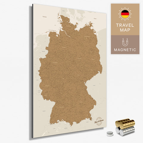 Magnetische Deutschland-Karte in Bronze als Magnetboard zum Pinnen und Markieren von Reisezielen kaufen