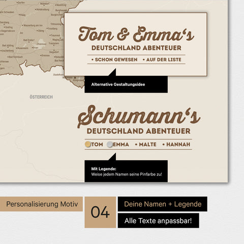Magnetboard Deutschland-Karte in Desert Sand mit Personalisierung als Logo mit Familiennamen