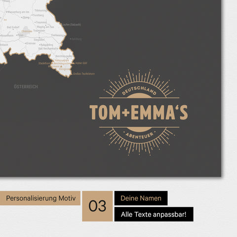 Magnetboard mit Deutschland-Karte in Dunkelgrau mit rundem Logo als Personalisierung