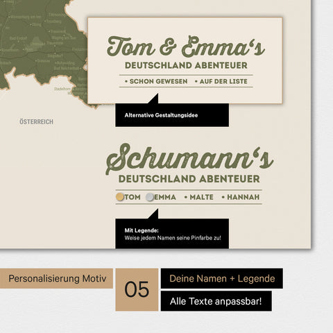 Weltkarte als Deutschland-Karte in Olive Green mit Eindruck eines Firmenlogos